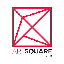 Logo Artsquare Lab : Carré divisé par une diagonale avec facettes, 'Art' en rouge, 'Square Lab' en noir