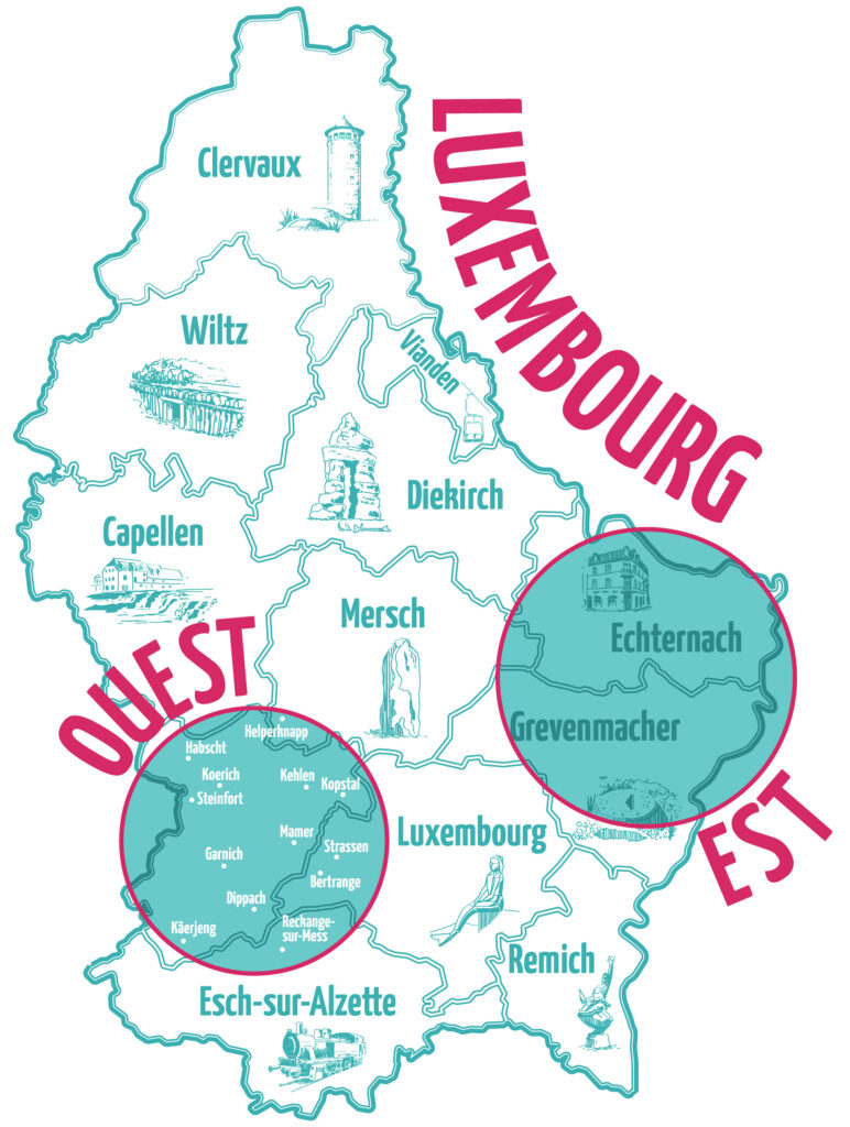 Carte des régions du Luxembourg (région Nord et région Est)
